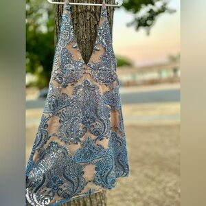 Stunning Free People Night Shimmers Mini Backless Blue Sequin Dress